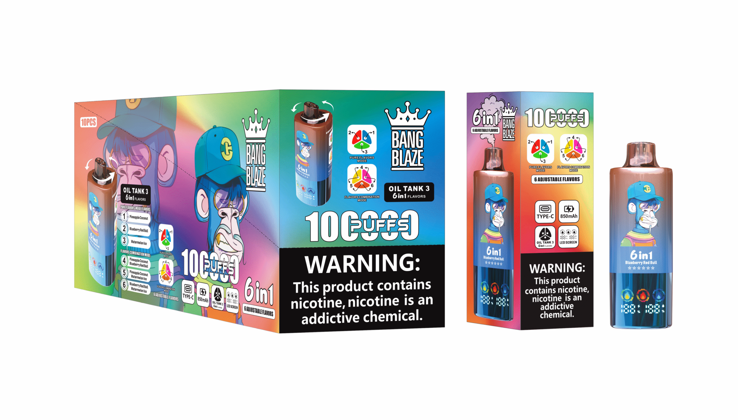 Bang Blaze 100000 Puffs – 6-in-1 Einweg E-Zigarette – Pineapple Coconut Blueberry Red Bull Watermelon Ice – 60 ml – Mesh Coil – Type-C Bang Blaze 100000 Puffs – 6-in-1 Einweg E-Zigarette – Pineapple Coconut Blueberry Red Bull Watermelon Ice – 60 ml – Mesh Coil – Type-C